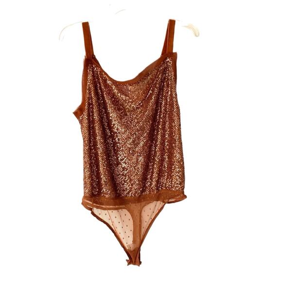 Free People NWOTS Shimmer & Shine Brown Sequin Bodysuit Top size large - Picture 4 of 11